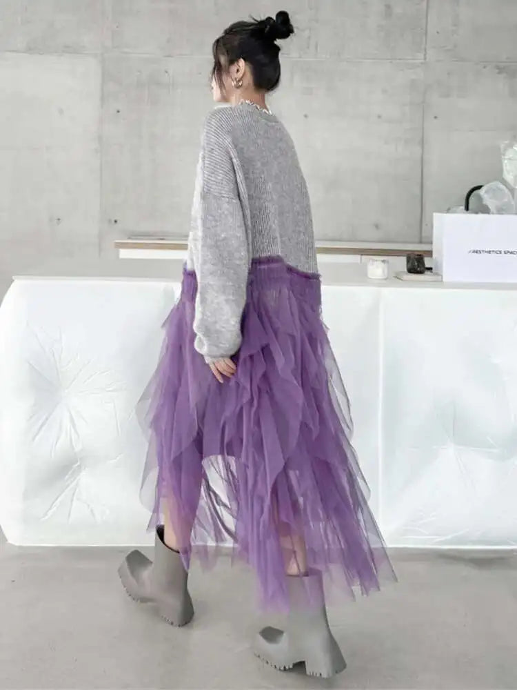 Women Black Big Size Knitting Mesh Irregular Sweater Dress New V-Neck Long Sleeve Fashion Spring Autumn 2025 1DH2366