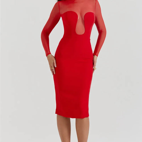 Load image into Gallery viewer, Elegant Strapless Sexy Midi Dress For Women Fashion Sheer Long Sleeve Backless Split Bodycon Club Party Sexy Long Dress

