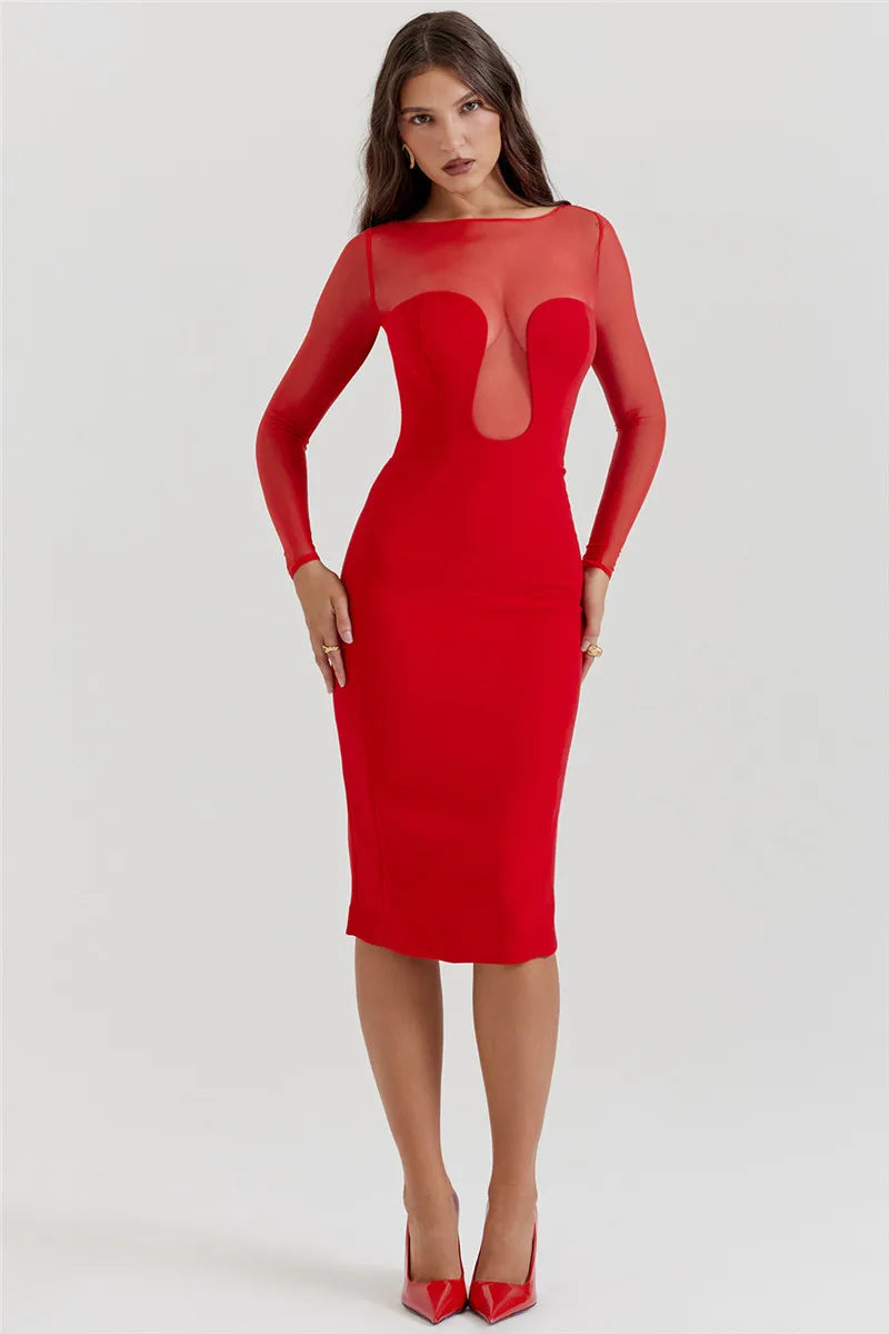 Elegant Strapless Sexy Midi Dress For Women Fashion Sheer Long Sleeve Backless Split Bodycon Club Party Sexy Long Dress