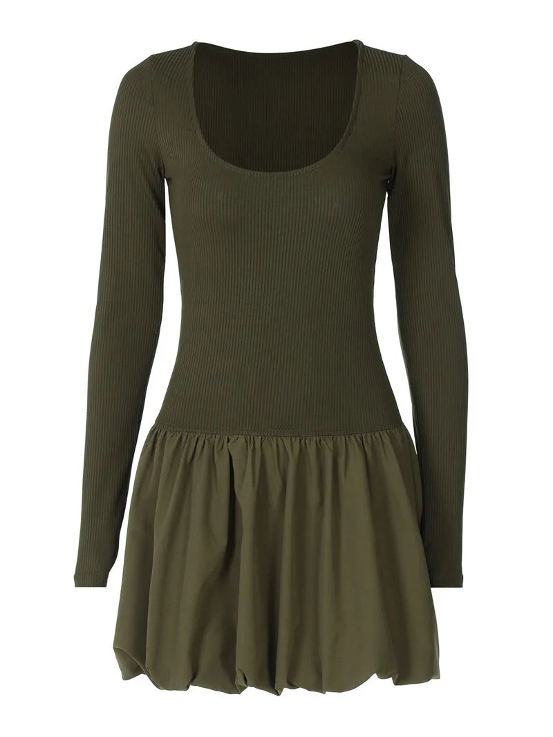 Long Sleeve Puffball Sexy Mini Dress For Women Autumn Winter New O Neck High Waist A-line Ruffled Pleated Dress