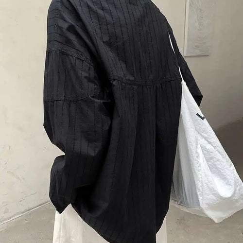 Load image into Gallery viewer, Women Black Striped Vintage Big Size Blouse New Stand Collar Long Sleeve Shirt Fashion Tide Spring Autumn 2025 1DH8363
