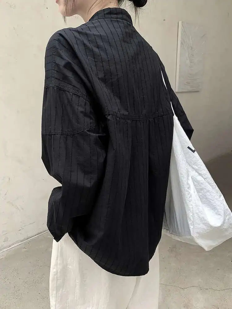 Women Black Striped Vintage Big Size Blouse New Stand Collar Long Sleeve Shirt Fashion Tide Spring Autumn 2025 1DH8363