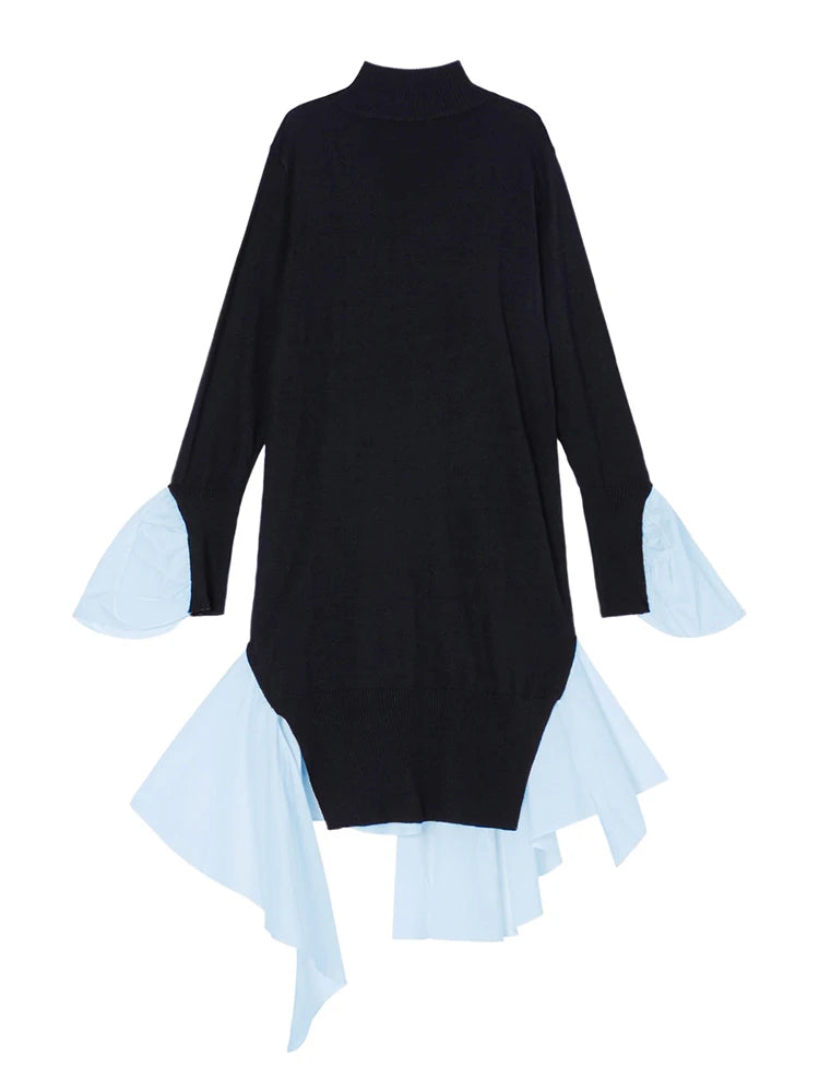 High Street Knitting Sweaters Dress For Women Colorblock Round Neck Loose Long Sleeve Asymmetrical Hem Dresses Female