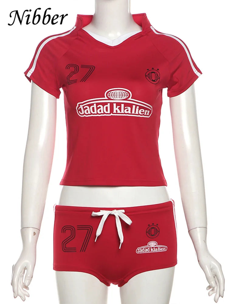 Letter Print Women 2 Piece Set Tracksuit Casual Sporty Mini Sleeve Crop Tops+Shorts Streetwear Cool tretch Matching Suit