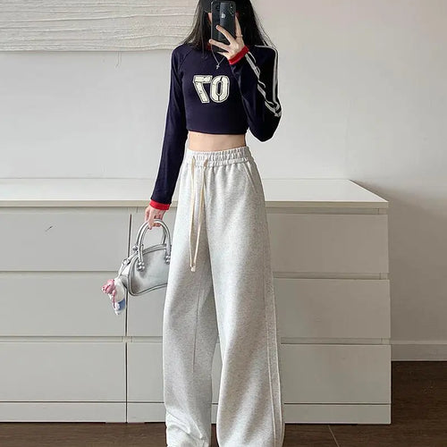 Load image into Gallery viewer, Women Black Velvet Elegant Drawstring Lace-up Baggy Cotton Long Pant Winter Grey High Waist Loose Wide Leg Oversize Trousers
