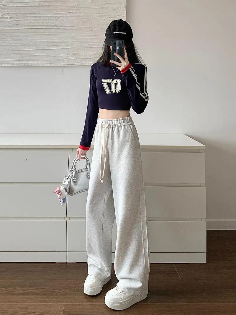 Women Black Velvet Elegant Drawstring Lace-up Baggy Cotton Long Pant Winter Grey High Waist Loose Wide Leg Oversize Trousers
