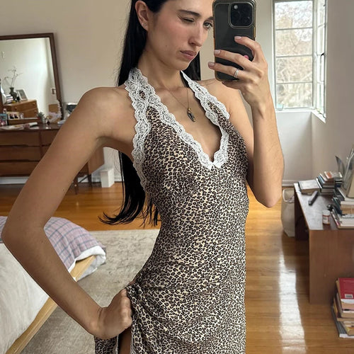 Load image into Gallery viewer, Leopard Print Backless Sexy Mini Dress For Woman Robe Contrast Color Halter Deep V Neck Sleeveless A-line Club Dress
