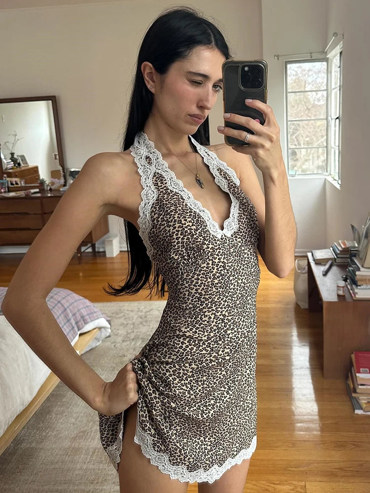 Leopard Print Backless Sexy Mini Dress For Woman Robe Contrast Color Halter Deep V Neck Sleeveless A-line Club Dress