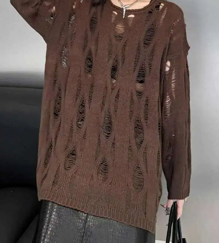 Brown Hollow Out Big Size Knitting Sweater Round Neck Long Sleeve Women Pullovers New Fashion Spring Autumn 2025 1DH6883