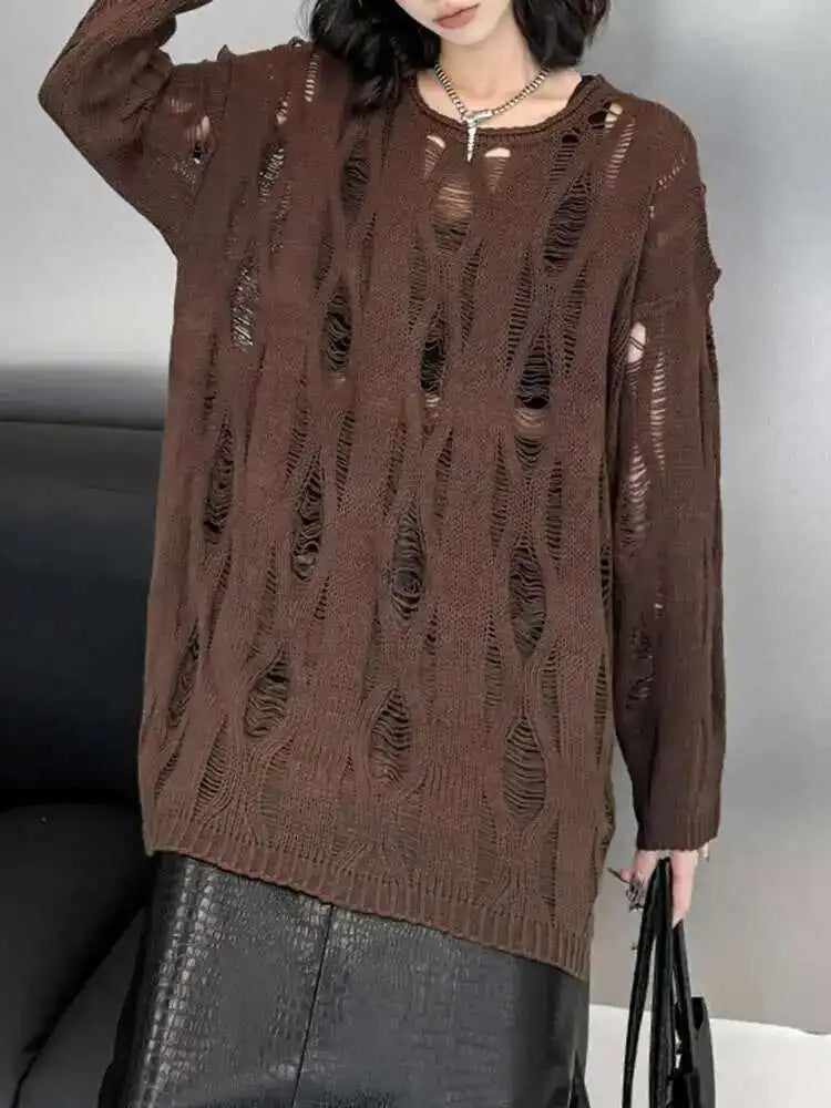 Brown Hollow Out Big Size Knitting Sweater Round Neck Long Sleeve Women Pullovers New Fashion Spring Autumn 2025 1DH6883