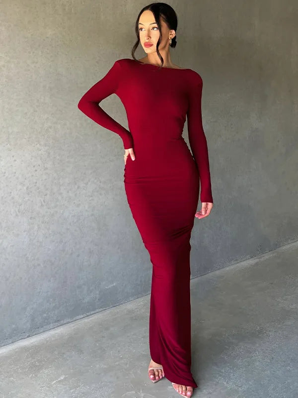Sexy V-neck Slim Fit Pleated  Long Sleeve Women Dress Front &Back Elegant Female Long Dress Street Party Club Vesidos