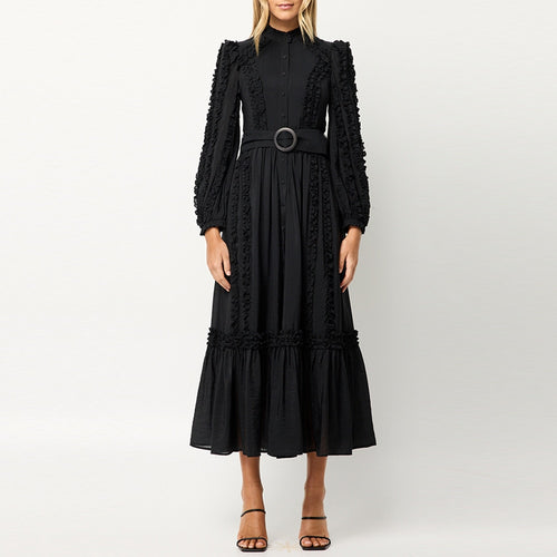 Load image into Gallery viewer, Casual Solid Dress For Women Stand Collar Loose Long Sleeve Sashes Lace Up High Waist Midi Dresses Female Fashion
