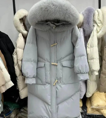 New 2024 Winter Women Beige Black Long Down Cotton Jackets Korean Version Loose Warm Casual Blue Hooded Thick Coat Streetwear
