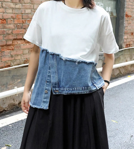 Women White Denim Irregular Big Size Casual T-shirt New Round Neck Short Sleeve Fashion Tide Spring Summer 2025 1DJ0557