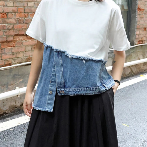 Load image into Gallery viewer, Women White Denim Irregular Big Size Casual T-shirt New Round Neck Short Sleeve Fashion Tide Spring Summer 2025 1DJ0557
