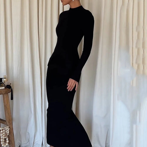 Load image into Gallery viewer, Black Long Sleeve Sexy Maxi Dress For Women Autumn Winter New O Neck Two Pocket Back Split Bodycon Long Dress Elegant
