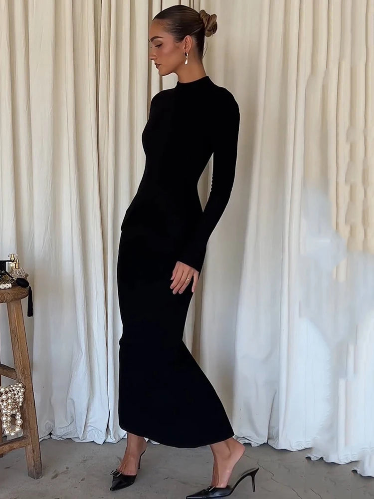 Black Long Sleeve Sexy Maxi Dress For Women Autumn Winter New O Neck Two Pocket Back Split Bodycon Long Dress Elegant