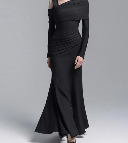 Slimming Spliced Folds Temperament Dresses for Women Diagonal Collar Long Sleeves Vintage Dress Female Clothing New