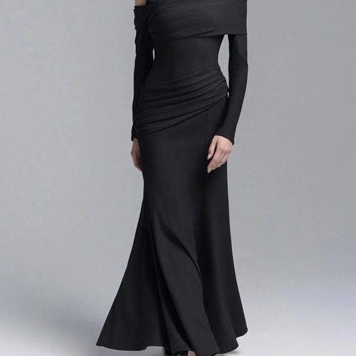 Load image into Gallery viewer, Slimming Spliced Folds Temperament Dresses for Women Diagonal Collar Long Sleeves Vintage Dress Female Clothing New
