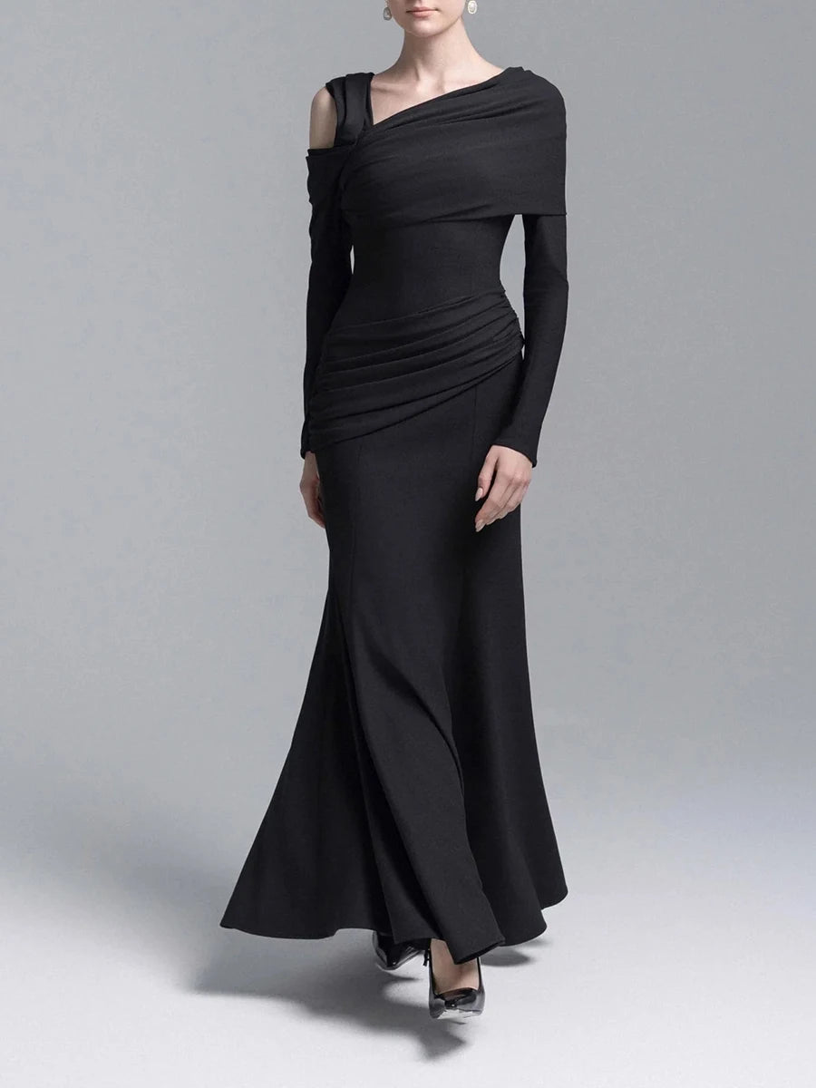 Slimming Spliced Folds Temperament Dresses for Women Diagonal Collar Long Sleeves Vintage Dress Female Clothing New