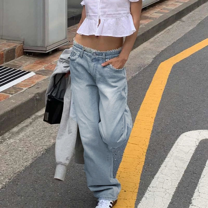 Korean Fashion Straight Leg Women Jeans Outfits Low Waisted Lace Patchwork Sweet Girls Denim Trousers Pants Harajuku