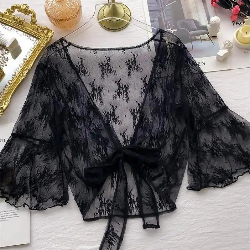 2023 Summer Jackets Lace Shawl Women's Clothing Short Lace-up Sun Protection Shawl Coat Cardigan Top Thin Femme Mujer