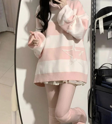 Japanese Contrast Color Star Sweaters Grunge Fashion All Match Streetwear Sueter Mujer Sweet Y2k Aesthetic Loose Jumpers Women