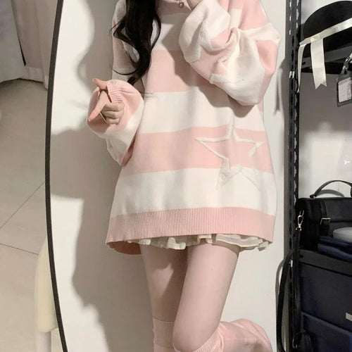 Load image into Gallery viewer, Japanese Contrast Color Star Sweaters Grunge Fashion All Match Streetwear Sueter Mujer Sweet Y2k Aesthetic Loose Jumpers Women
