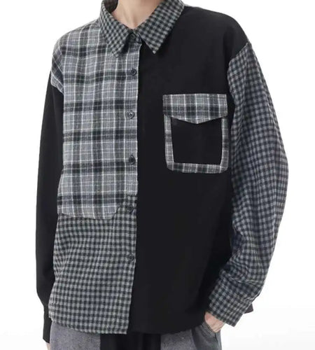 Women Color-block Black Plaid Big Size Blouse New Lapel Long Sleeve Loose Shirt Fashion Tide Spring Autumn 2025 1DH3220