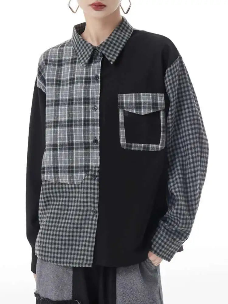 Women Color-block Black Plaid Big Size Blouse New Lapel Long Sleeve Loose Shirt Fashion Tide Spring Autumn 2025 1DH3220