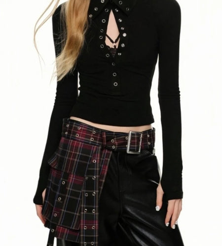 Y2k Aesthetic Vintage Solid Single Breasted Tops 2025 Streetwear Half High Collar Tshirts Women Grunge Harajuku Bodycon Tees