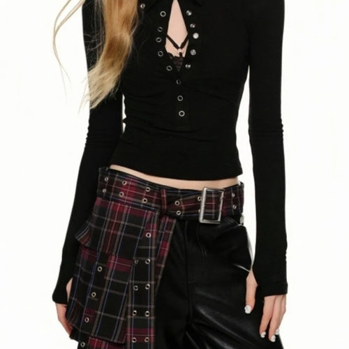 Load image into Gallery viewer, Y2k Aesthetic Vintage Solid Single Breasted Tops 2025 Streetwear Half High Collar Tshirts Women Grunge Harajuku Bodycon Tees
