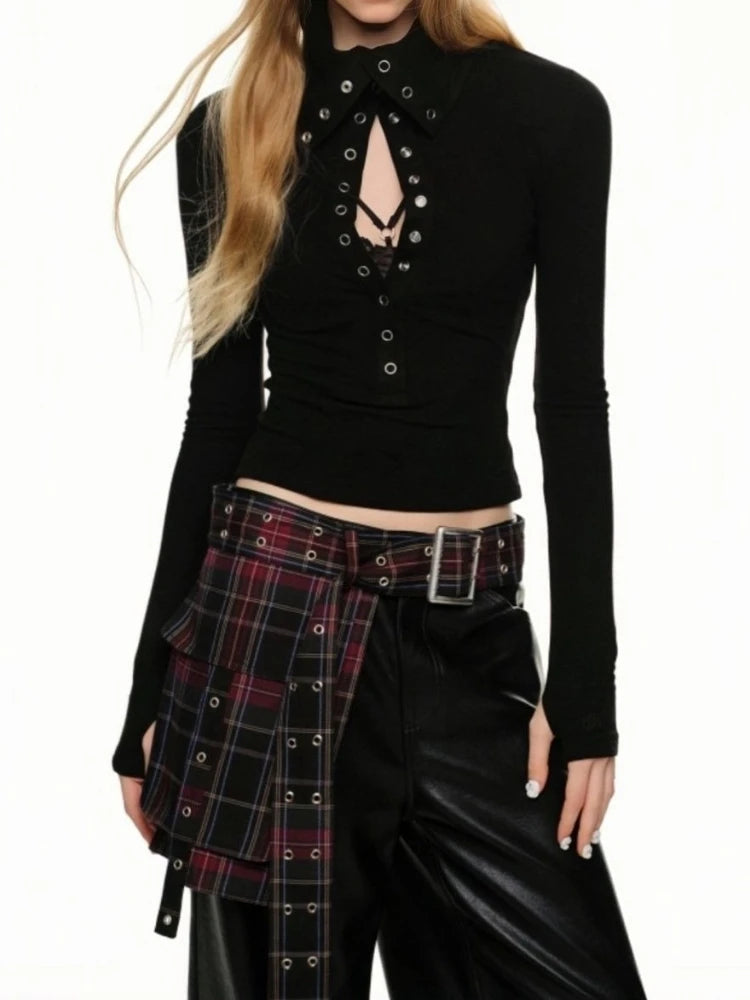 Y2k Aesthetic Vintage Solid Single Breasted Tops 2025 Streetwear Half High Collar Tshirts Women Grunge Harajuku Bodycon Tees