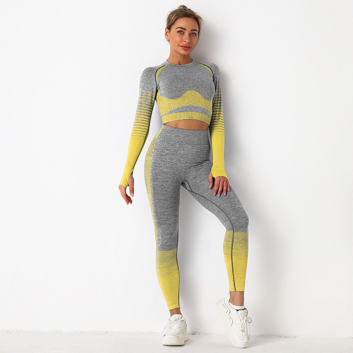 Striped Women's Yoga Sets Anti-Shrink Long-sleeved Sports Top Sexy Hip Lift Buttocks Tight Leggings Gradient Color Suits