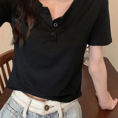 Load image into Gallery viewer, women t-shirt open button short Sleeve Crop Top Ladies Clothing 2024 Solid Basic T Shirt Casual Skinny White Slim Female Tops
