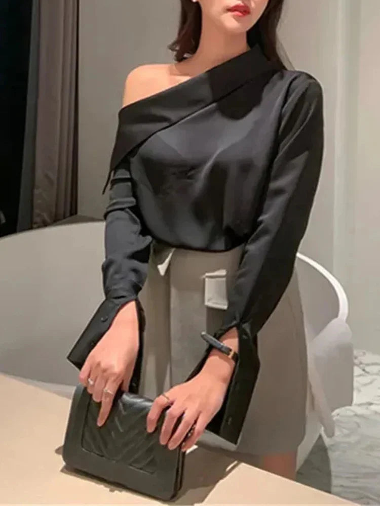 Elegant Women Sexy Korean One Black Top Spring Summer Leisure Versatile Women's Off The Shoulder Long Sleeved White Blouses