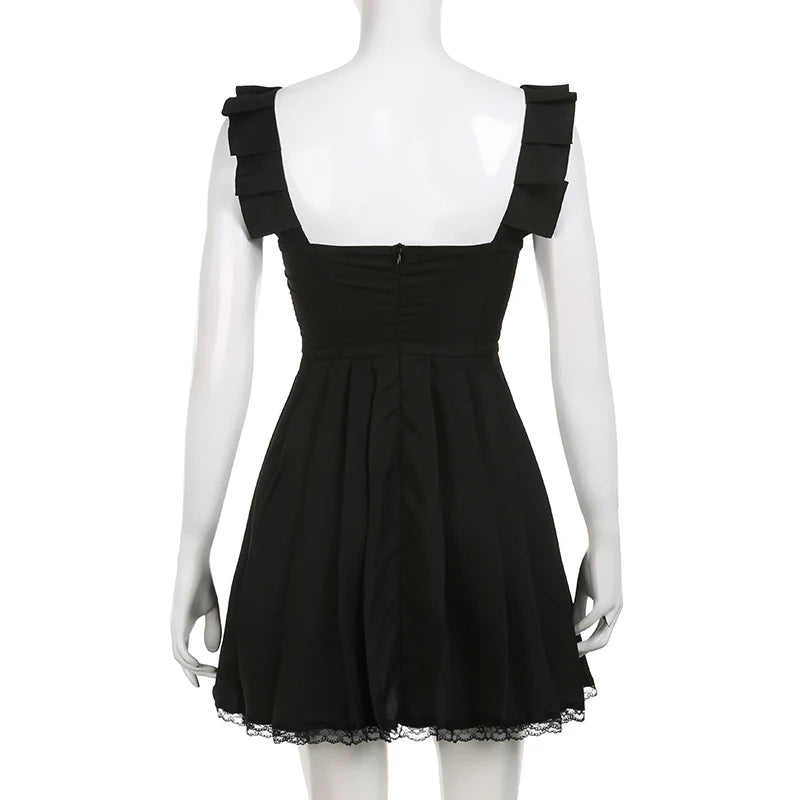 Fashion Elegant Black Ruffles Corset Women Party Dress Mini Summer Outfits Sleeveless Chic Lace Trim Pleated Dresses