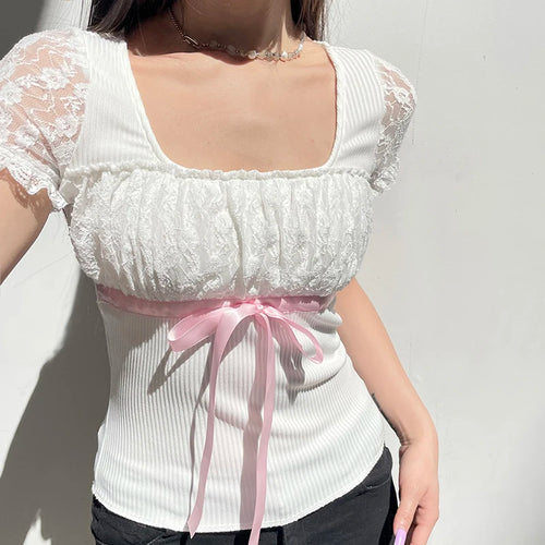 Load image into Gallery viewer, Chic Korean White Tee Shirts Lace Patchwork Slim Square Neck Bow Sweet Summer Women&#39;s T shirt Top Coquett Clothes Y2K
