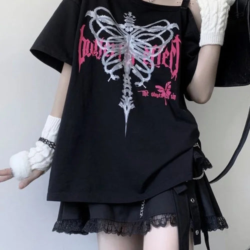 Load image into Gallery viewer, Y2k Aesthetic Black T Shirt Women Harajuku Off Shoulder Skull Print Gothic Graphic  Shirts Japanese Punk Grunge Streetwear ee
