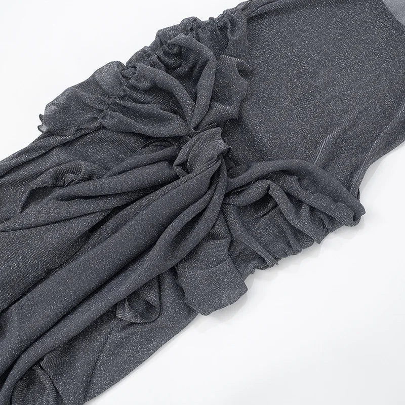 Mesh See Through Ruffled Sexy Maxi Dress For Women Gown Gray Off-shoulder Strapless Backless Ruched Long Dress Vestido