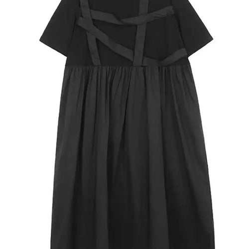 Load image into Gallery viewer, Women Black Ribbons Design Big Size Midi Dress New Round Neck Short Sleeve Fashion Tide Spring Summer 2025 1DH5566
