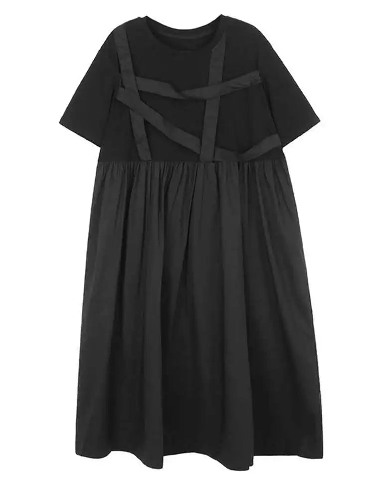 Women Black Ribbons Design Big Size Midi Dress New Round Neck Short Sleeve Fashion Tide Spring Summer 2025 1DH5566