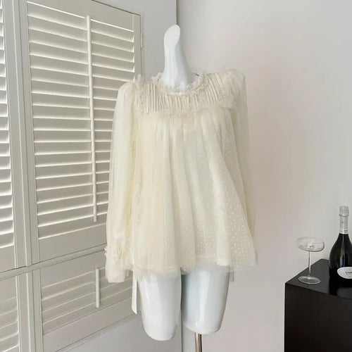 Load image into Gallery viewer, French Women Beige Dot Lace Festival Pleated Shirt Chic Round Neck Long Sleeve Ladies Versatile Princess Tops Spring Autumn 2025
