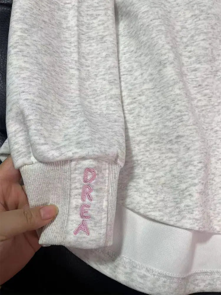 Korean Fashion 2024 Autumn Winter New Gray Letter Print Button Cotton Sweatshirt Women Long Sleeve Loose Pullover Tops Trend Y2k