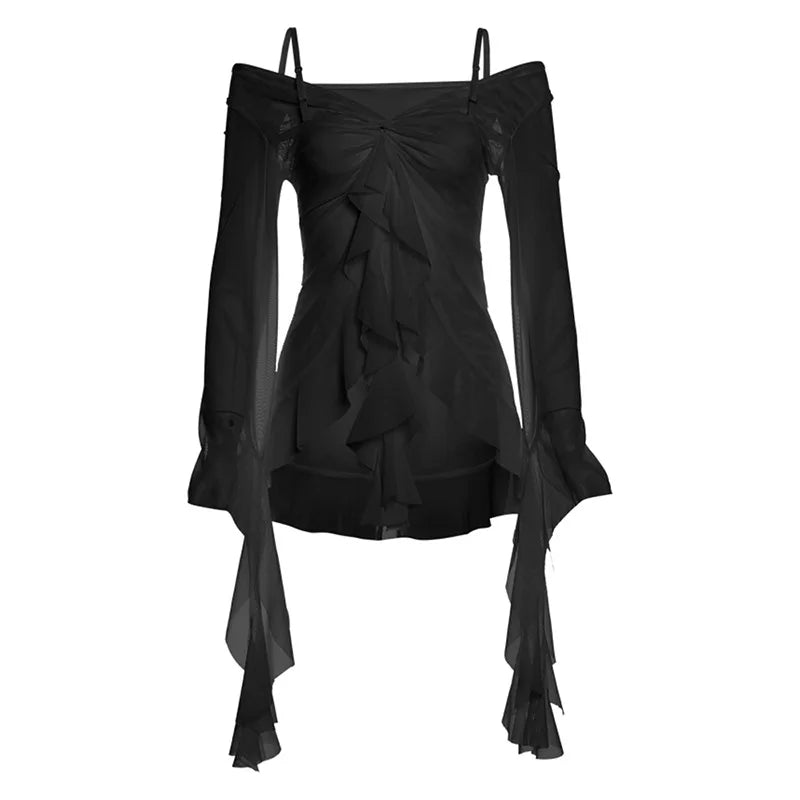 Y2k Aesthetic Gauze Irregular Ruffled Tshirts Women Slim Fit Grunge Fairy Solid T Shirt Harajuku See Through Streetwear Top 2025