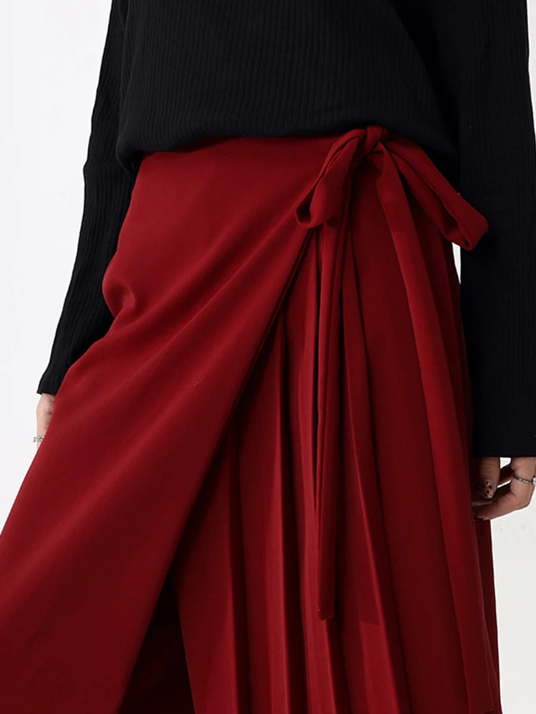 High Elastic Waist Red Pleated Bandage Elegant Wide Leg Pants New Trousers Women Fashion Tide Spring Autumn 2025 1DH9565