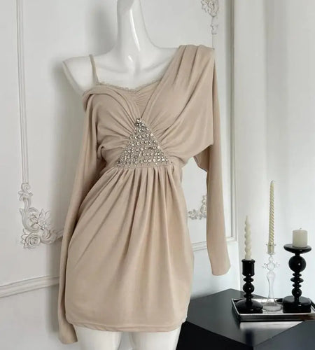 Women's Beige Diamonds Elegant Long Sleeve Pleated Short Dress Autumn V-neck High Waist A-line Party Evening Dress And Slip Tops