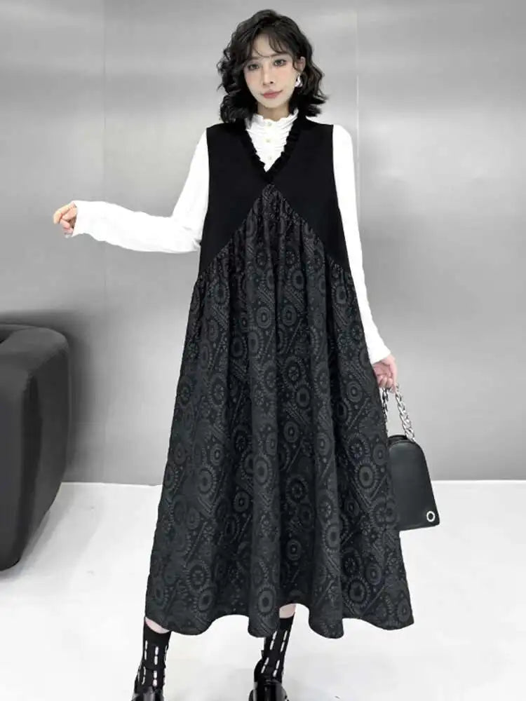 Women Black Pattern Textured Big Size Midi Vest Dress New V-Neck Sleeveless Fashion Tide Spring Autumn 2025 1DH8441