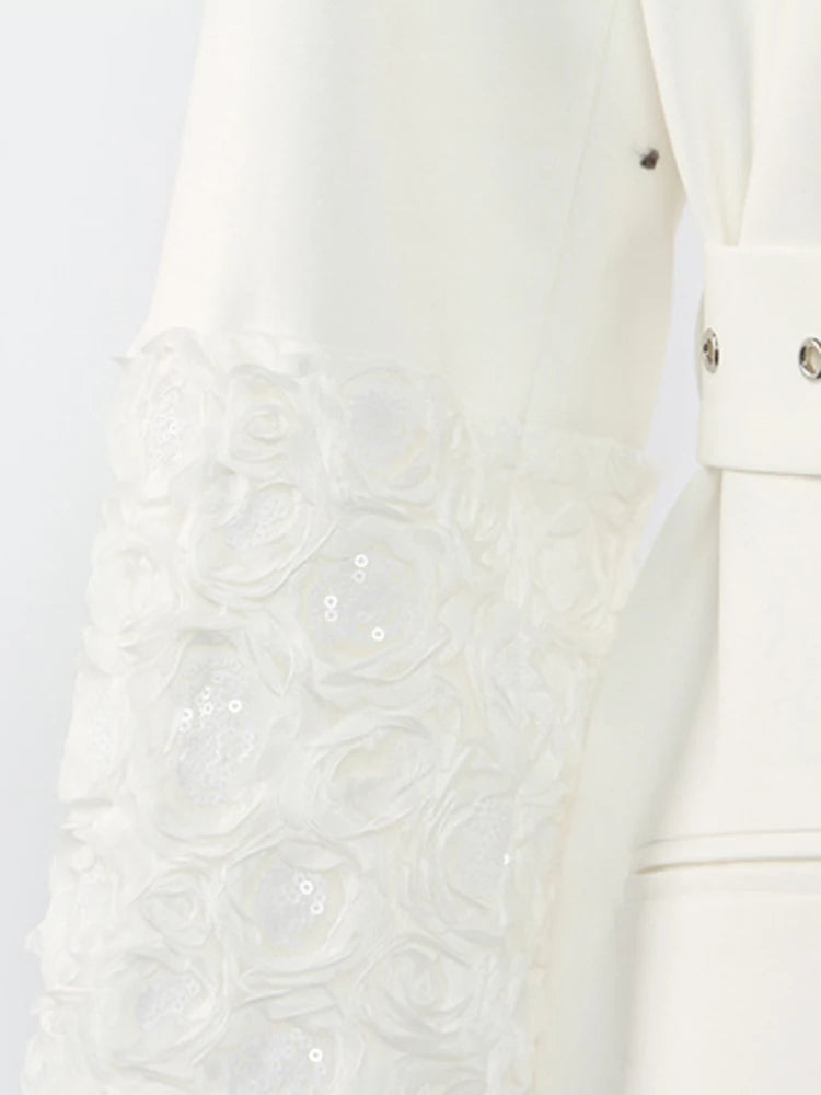 Women White Sequins Flower Big Size Long Blazer New Lapel Long Sleeve Jacket Fashion Tide Spring Autumn 2025 1DJ1288