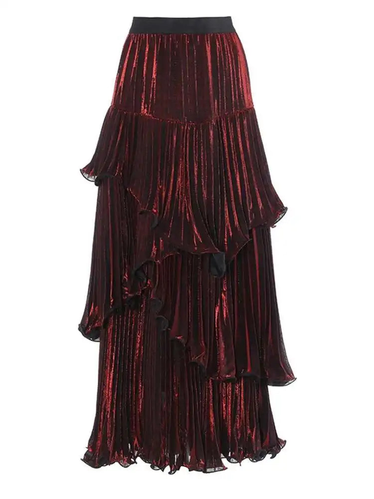 High Elastic Waist Red Pleated Ruffles Irregular Cake Half-body Skirt Women Fashion Tide New Spring Autumn 2025 1DH8130